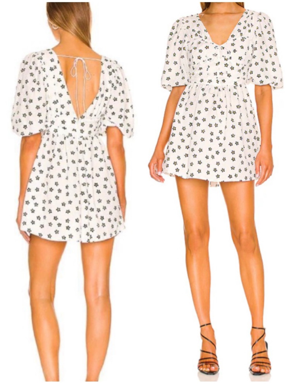 For Love & Lemons Connie White Babydoll Mini Dress Black Floral Print Small S